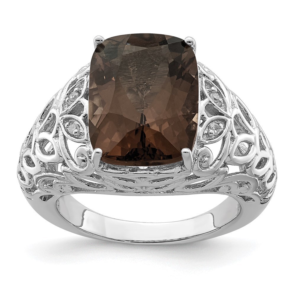 925 Sterling Silver Rhodium Smoky Quartz & Diam. Ring, size 7
